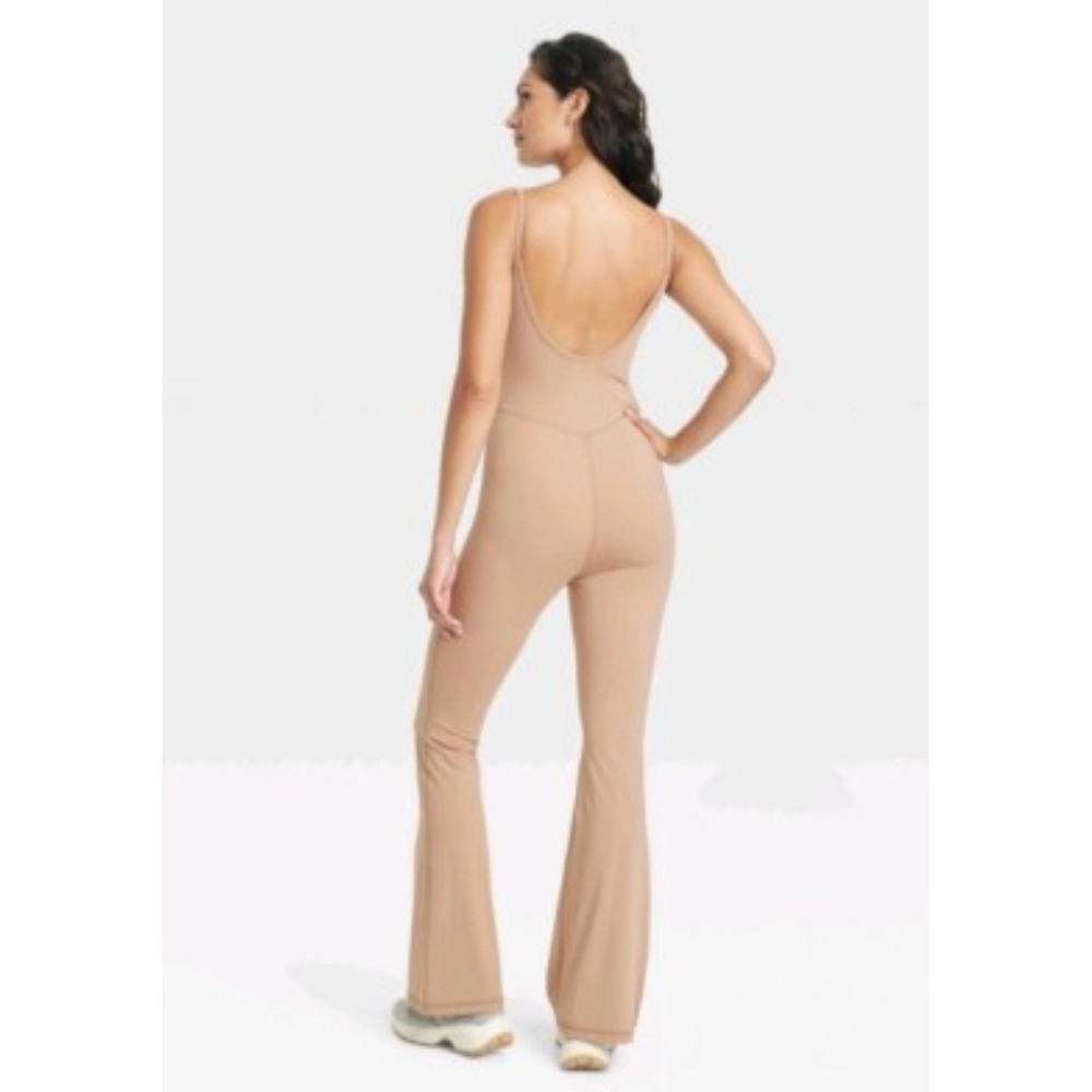 JoyLab Womens Latte Flare Long Bodysuit Tan Athleisure Yoga Jumpsuit Large - Picture 2 of 7